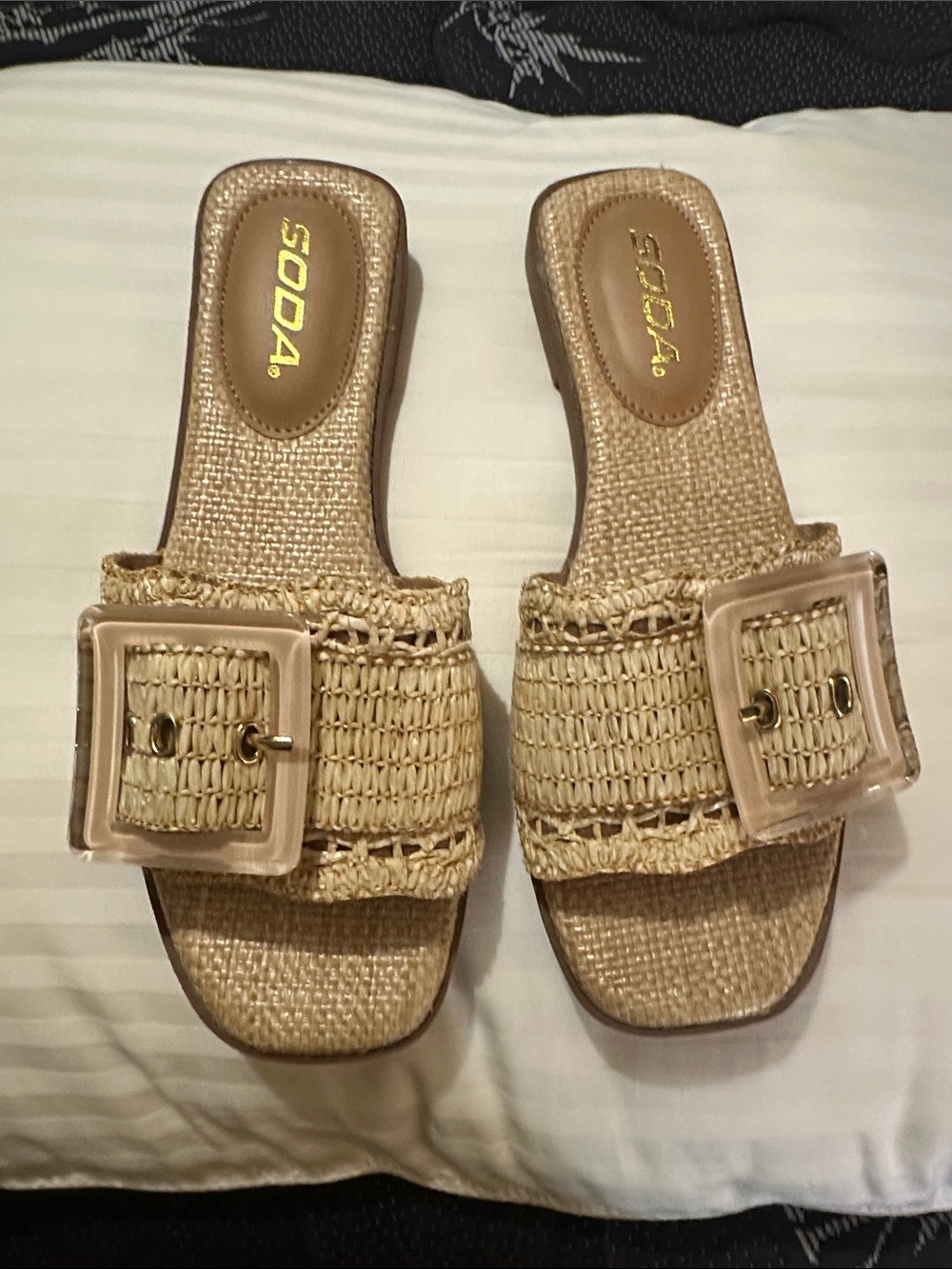 Soda Beige Raffia Slide Mules with Clear Buckle